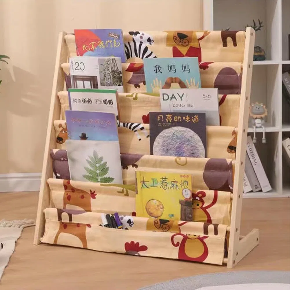 BAKAJI Libreria Montessoriana per Bambini in Legno Naturale e Tela,Portariviste a 6 Ripiani Salvaspazio,Scaffalatura Espositore da Cameretta,Dimensioni 60 x 30 x 80 cm, Porta Libri, Giochi (Legno)
