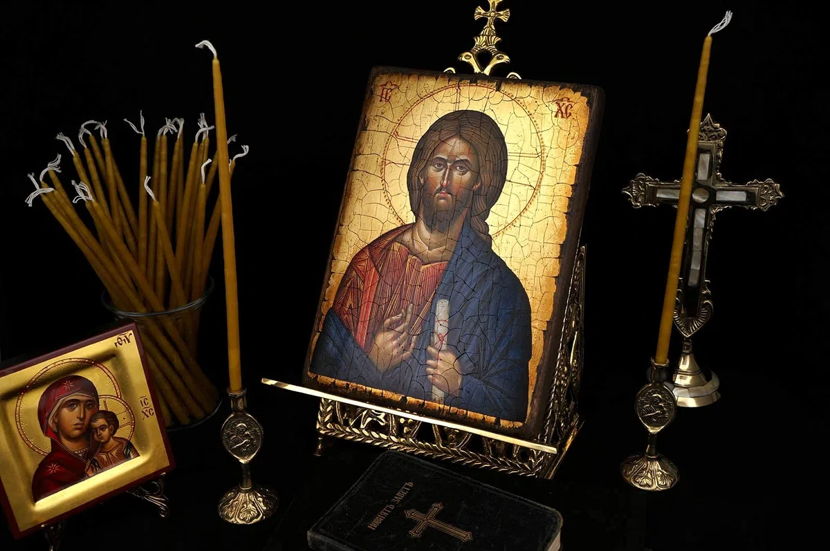 Theotokos - Set di 2 portacandele in ottone e 20 candele in pura cera d'api, coni ortodossi, per altare domestico