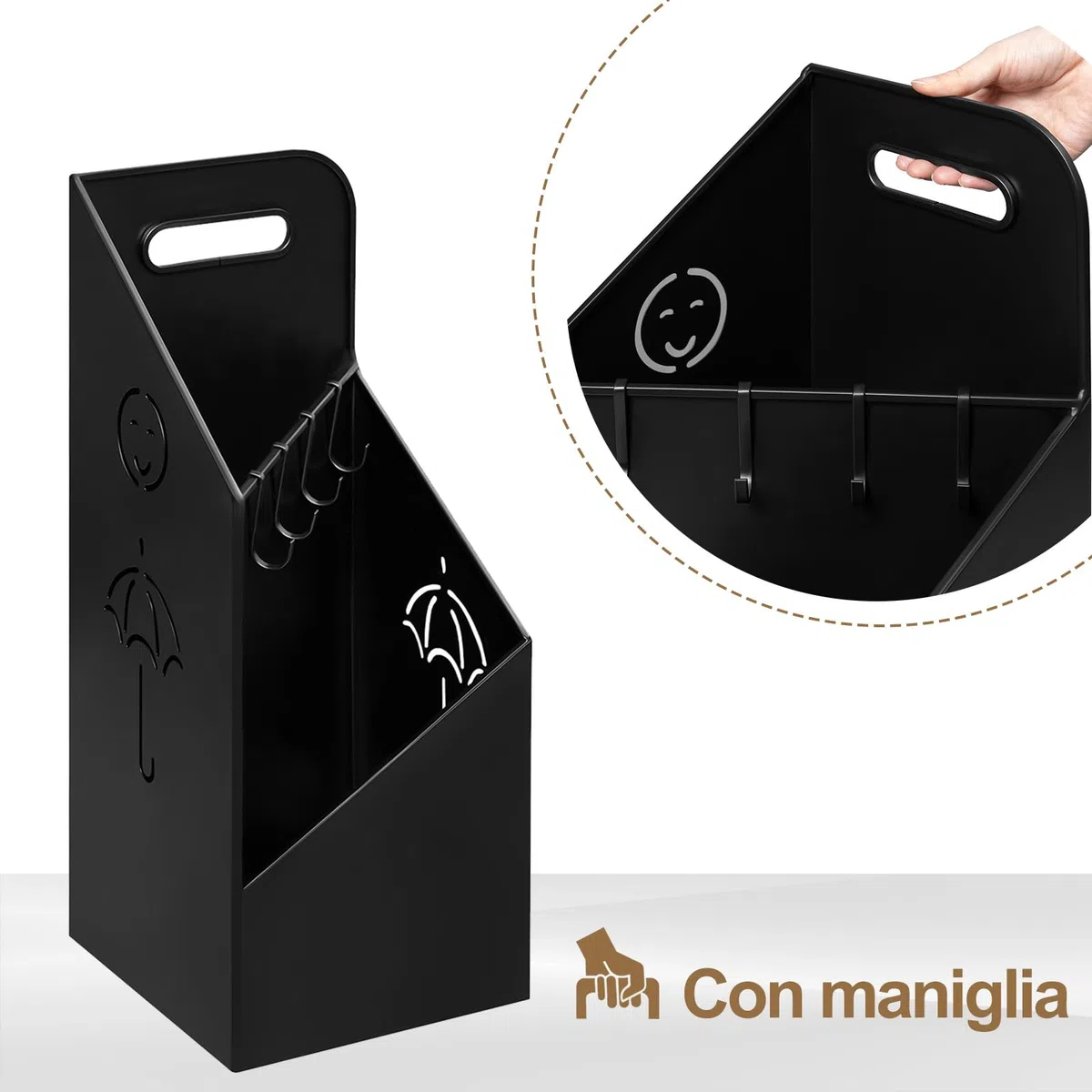 WOLTU Portaombrelli con 4 Ganci e 2 Aree Separate, in Metallo Antiruggine, con Design a Conca e Sorriso, per Corridoio, Ingresso, Nero