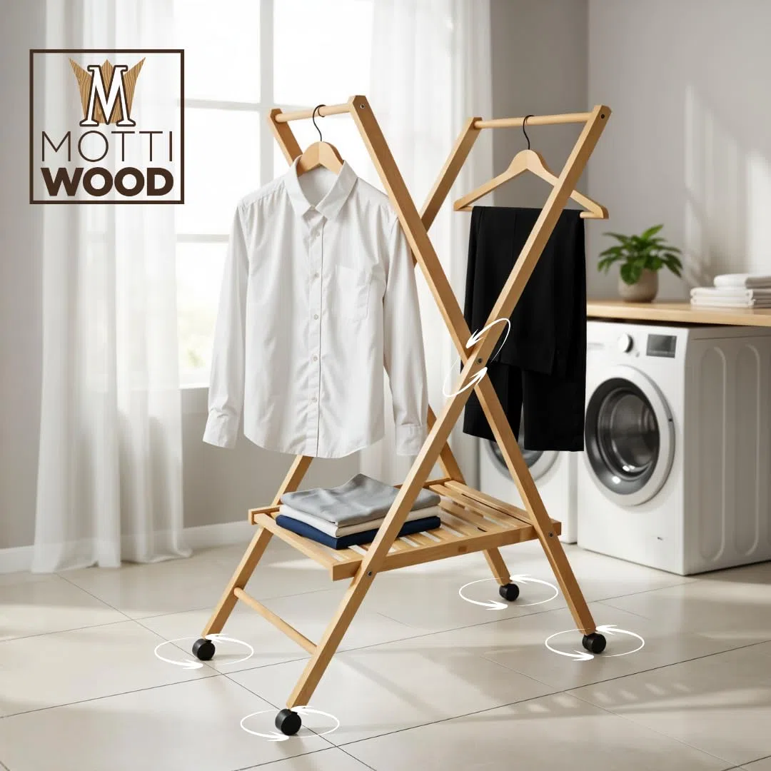 Mottiwood STIRA & APPENDI, Carrello Appendiabiti, Pieghevole e Salvaspazio, 100% Legno Faggio, Stendino, Ruote Multi direzionali, 62,49x122hcm, Omino Appendiabiti, Made in Italy