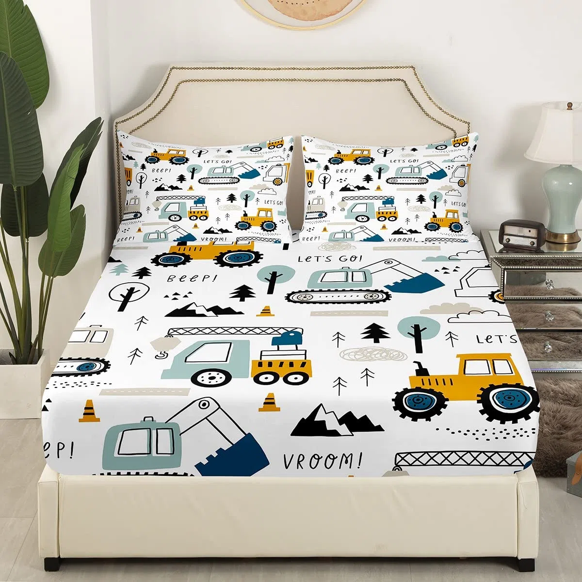 Loussiesd Set Lenzuola con Angoli Elasticizzati per Auto 140x200cm per Bambini Ragazzi Lenzuolo con Angoli Elasticizzati BAU Motivo Escavatore Gru Trattore Lenzuolo con Angoli Elasticizzati per