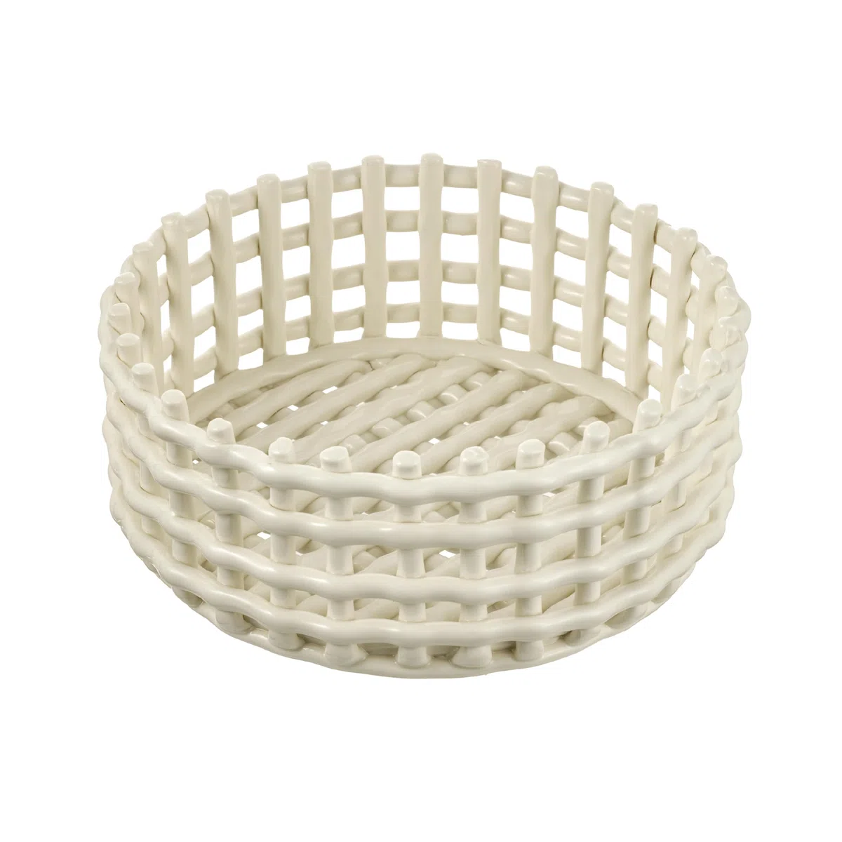 Baroni Home Cestino intrecciato multiuso in ceramica, Portafrutta, Centrotavola, Svuotatasche Tondo Bianco 21x21x9 cm