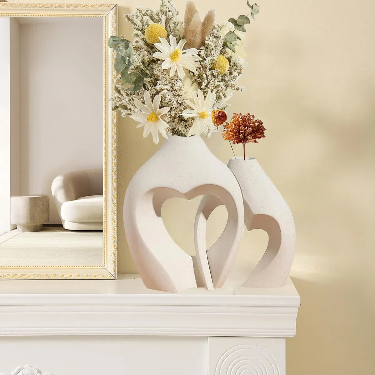 MUJUZE Set di 2 vasi moderni in ceramica beige opaco e bianco opaco, decorazione per soggiorno, camera da letto, vaso per erba della pampa, decorazione nordica moderna