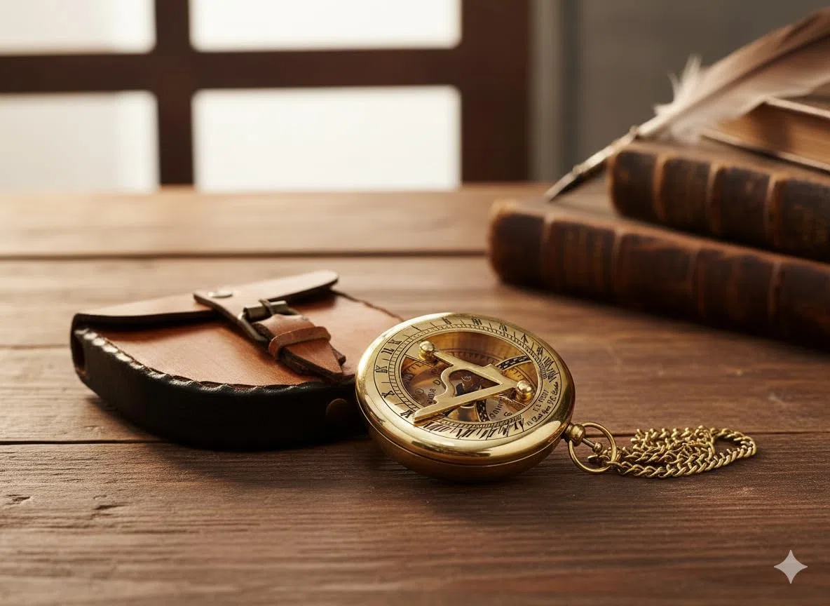 Bussola meridiana con finitura in ottone con cassa in pelle e catena, bussola a spinta aperta – accessorio Steampunk – bellissimo regalo fatto a mano – orologio meridiano