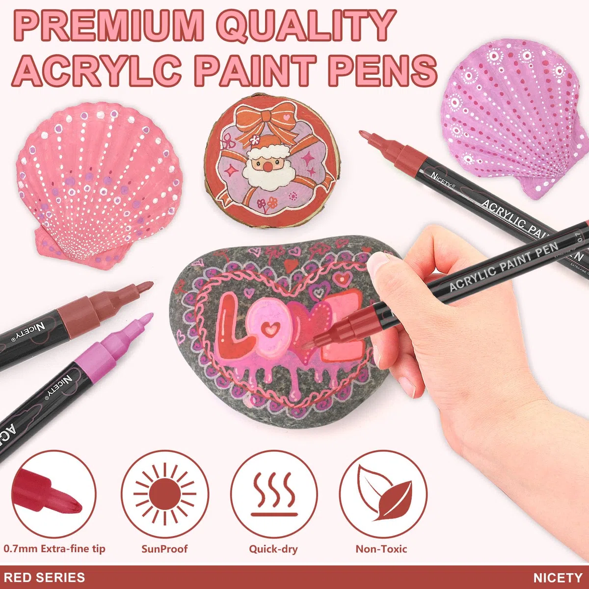 NICETY 30Pz Pennarelli per Pittura Acrilica Pennarelli per Pittura su Roccia Pietra Vetro Ceramica Legno Metallo Tessuto - Punta Extra Fine 0.7mm Pennarelli Acrilici a Base d'Acqua (Rosso)