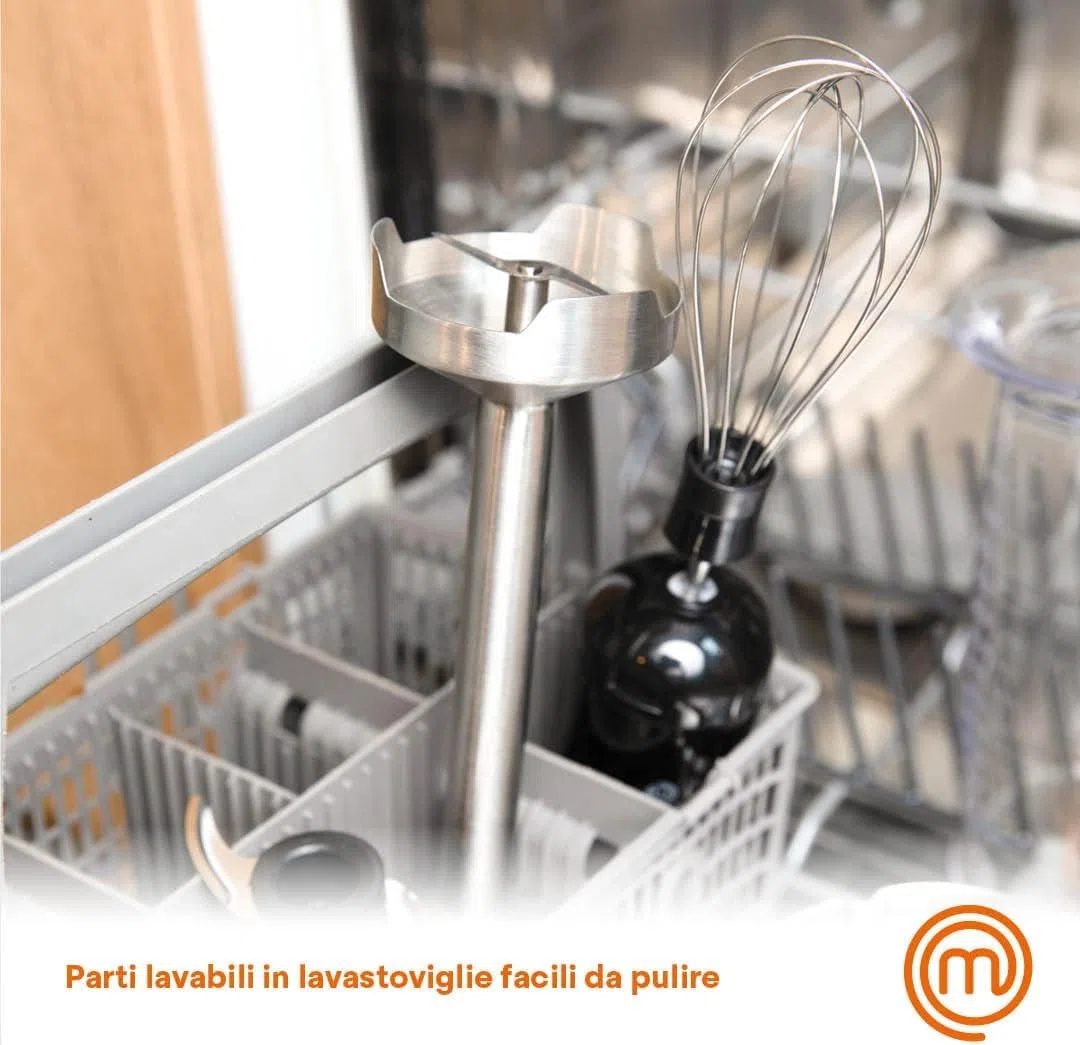 MasterChef Frullatore a Immersione, Minipimer 3 in 1 con Montalatte Elettrico e Frusta, per Zuppa, Cappuccino e altro, Frullino Multifunzione in Acciaio Inox, 400w