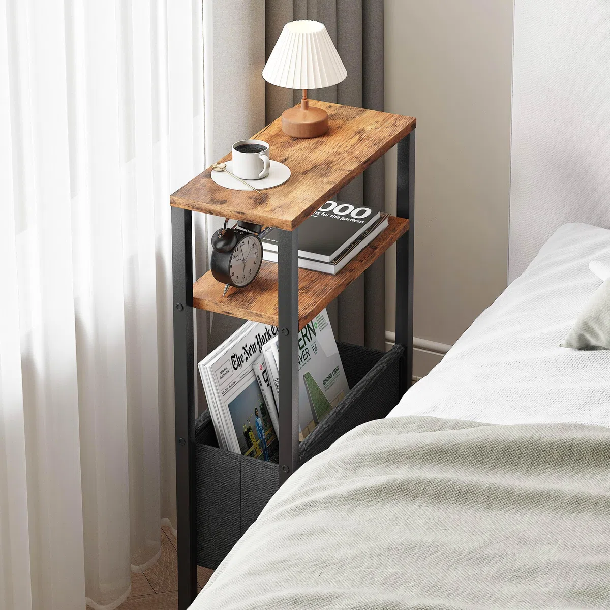 Tavolino da Divano Tavolino Sottile con Cestino in Tessuto 3 Livelli Mobiletto Salvaspazio Per Piccoli Spaz Comodino Stretto Moderno Per Soggiorno Camera Balcone Cucina Marrone rustico LET503R