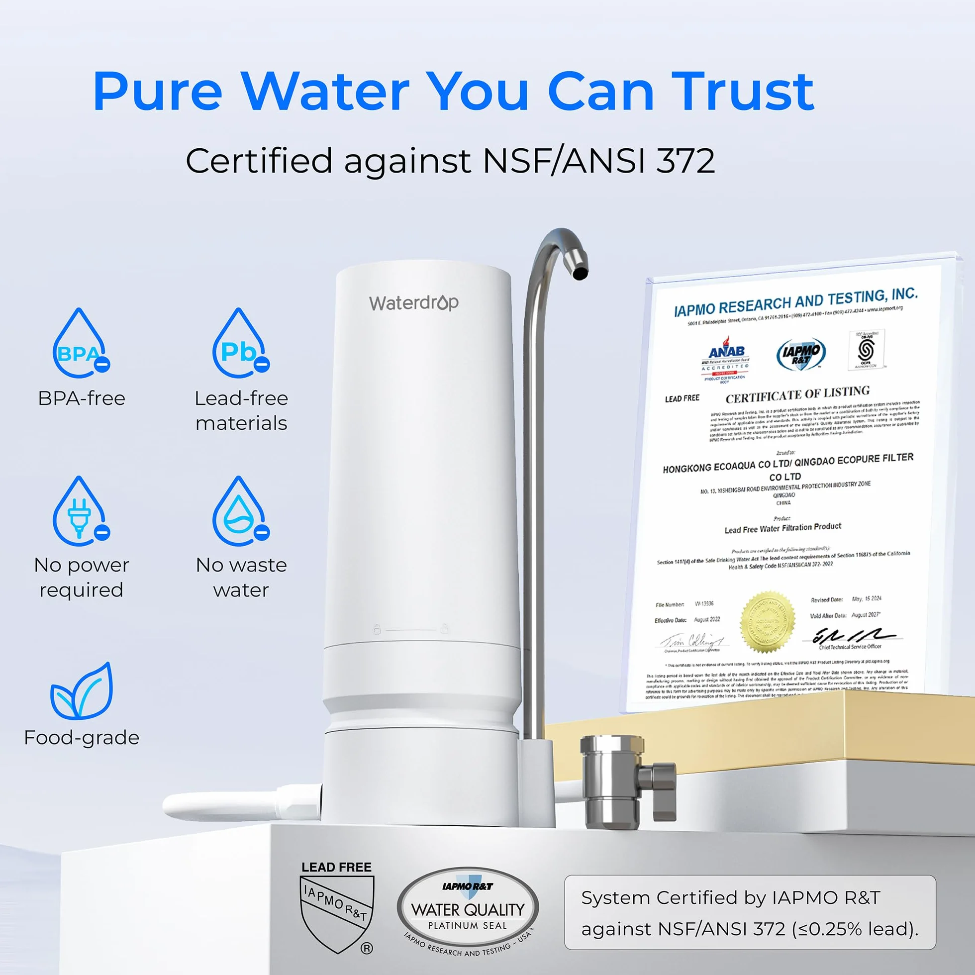 Waterdrop WD-CTF-05 Filtro per Acqua da Banco, 4000 Galloni con Promemoria della Durata del Filtro, Riduce i Metalli Pesanti, Cattivi Odori e il 99% del Cloro (1 Filtro Incluso)