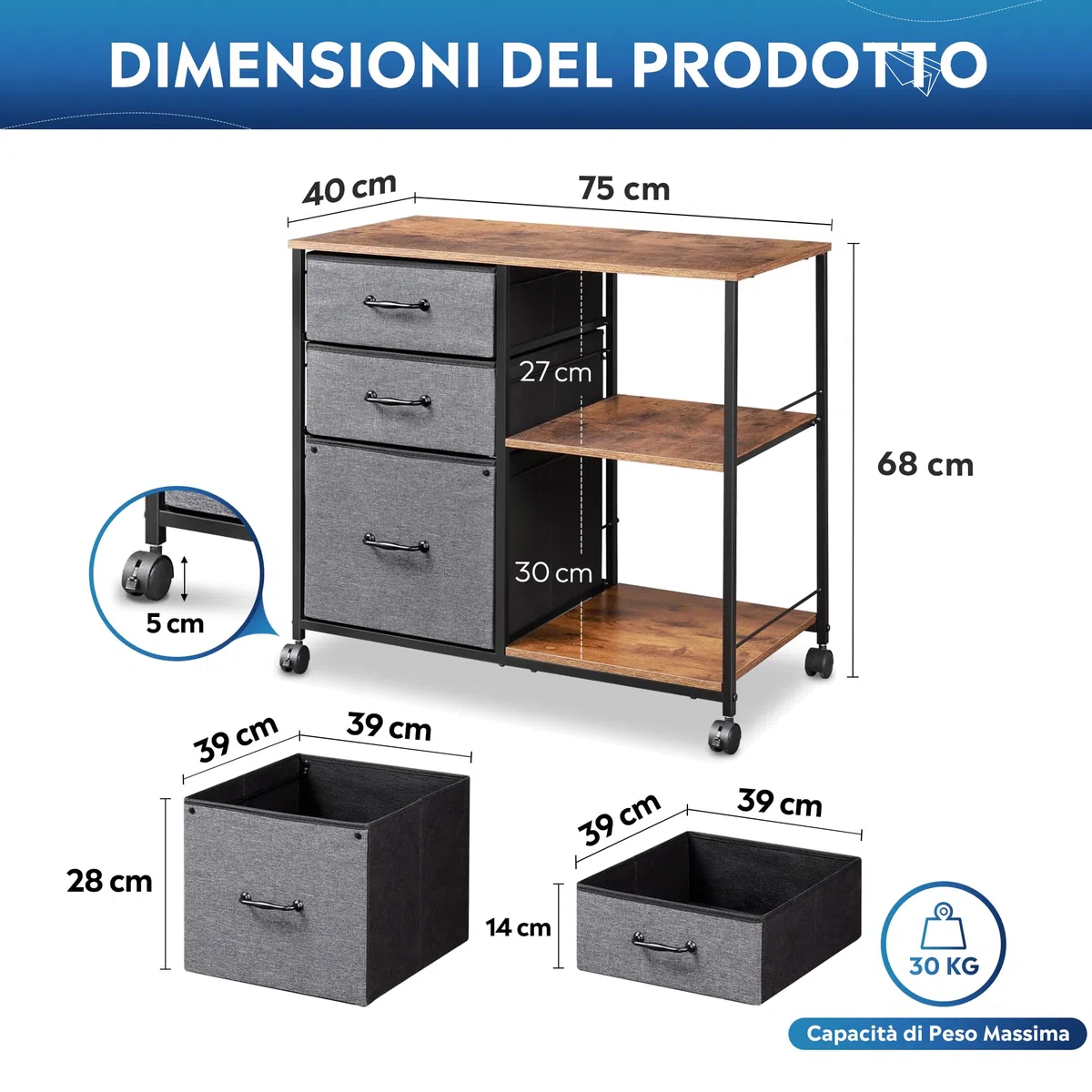 DEVAISE Cassettiera Mobile 3 Cassetti Grigia, Portastampante con Ripiano Aperto e Contenitore in Tessuto per Documenti A4/Letter, per Ufficio Casa