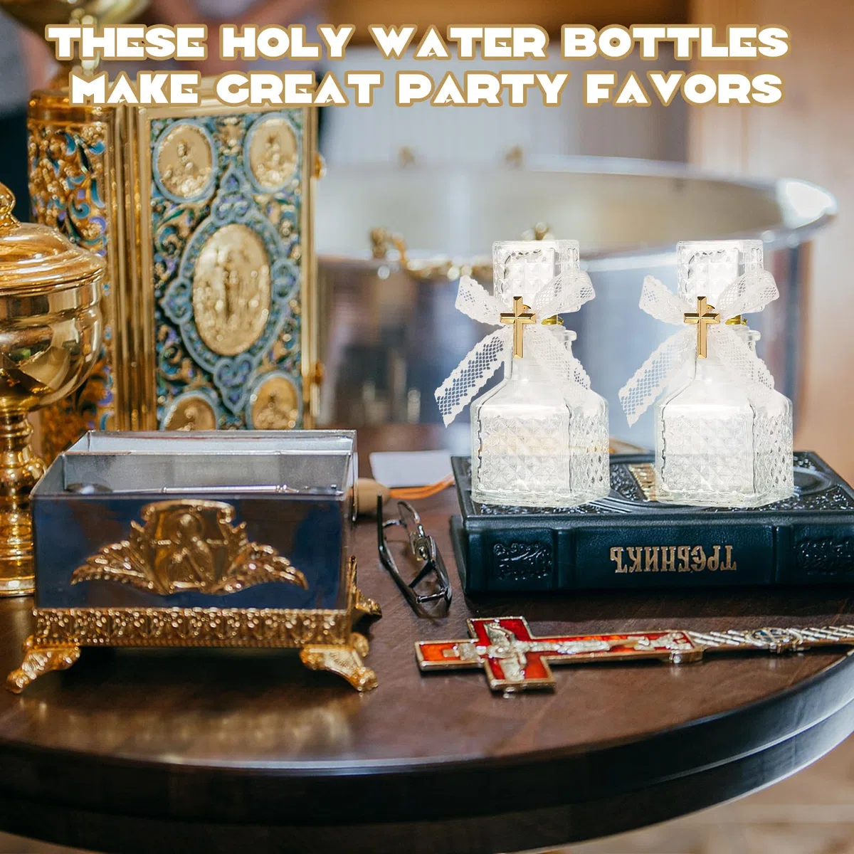 Set di 24 bottiglie per acqua santa con 24 spille a croce e fiocco in pizzo, 50 ml, contenitore vuoto per santa prima comunione, chiesa, bomboniere, regali di Gerusalemme, cattolici cristiani