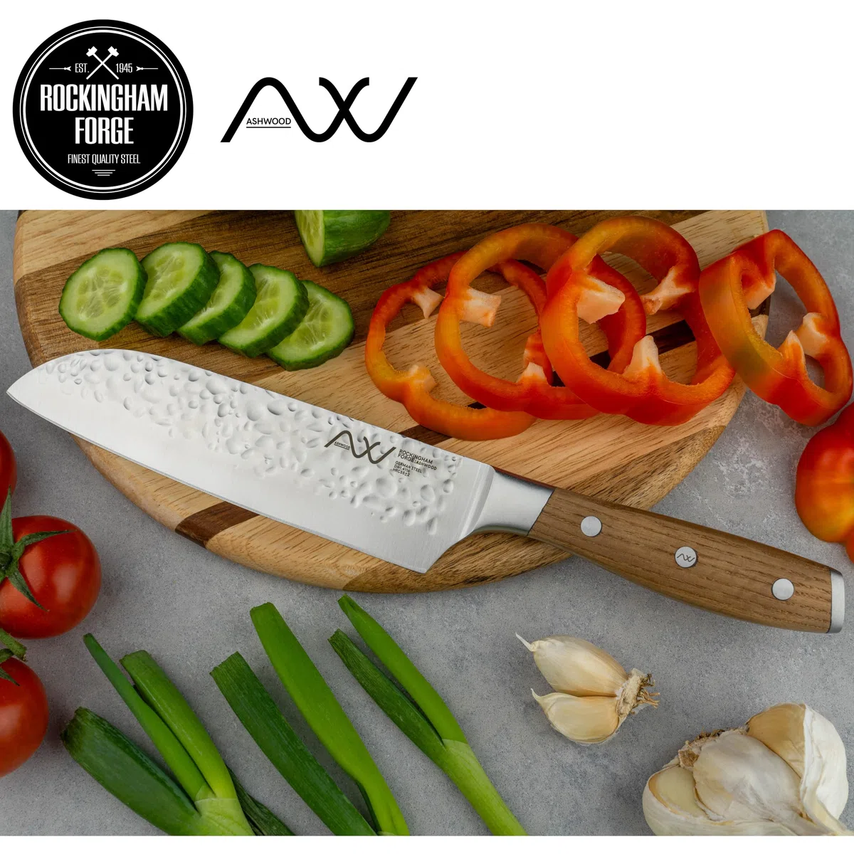 Rockingham Forge Ashwood Coltello da Cucina Santoku Giapponese 17,5 cm - Lama Acciaio Inossidabile Tedesco Ultra Affilato - Martellata Antiaderente Professionale - Manico Legno Codolo Intero
