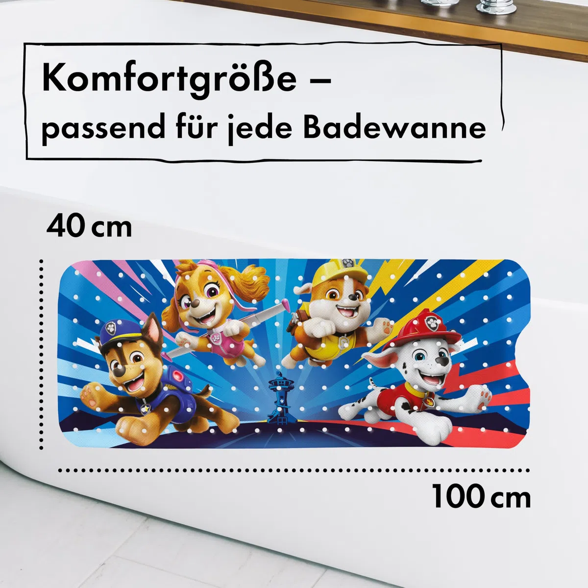 PAW Patrol Tappetino da bagno antiscivolo per bambini, antimuffa, antibatterico, con ventose, ganci e fori di scarico, 100 x 40 cm