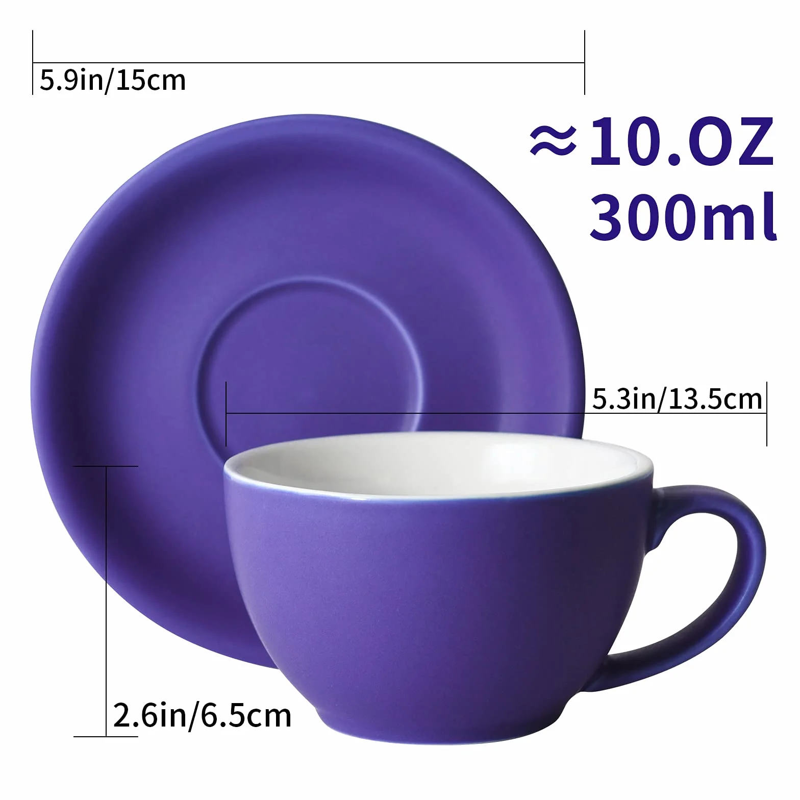 Yundu Set di 4 tazze da cappuccino da 300 ml – tazze da caffè in ceramica con piattini, mix di tonalità scure opaco per latte Art & Barista, grandi tazze e piattini per moka