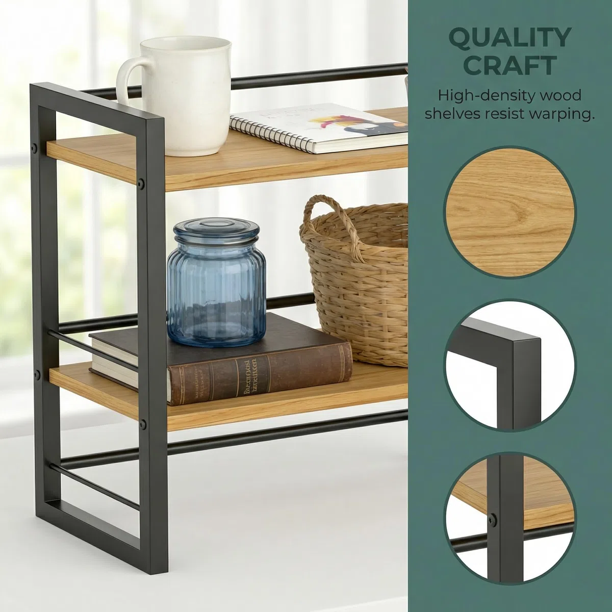Scaffale per Scrivania a 2 Ripiani in Legno e Metallo,Mini Libreria da Scrivania a 2 Livelli,Organizzatore di Scaffale per Scrivanie per Piano di Lavoro Cucina Ufficio Soggiorno