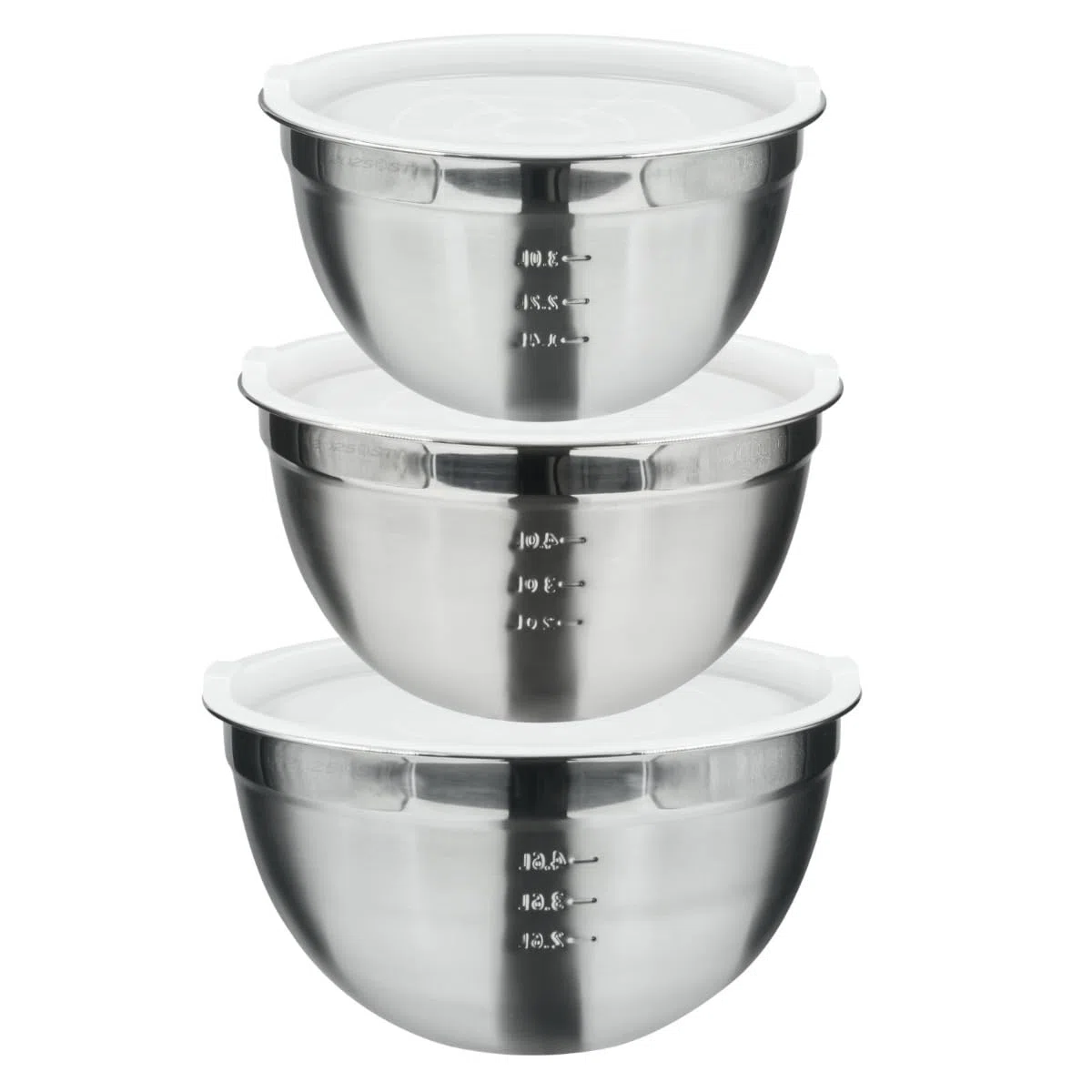 STI Set di 3 Ciotole Bowl in Acciaio Inox con Tappo Ermetico in Polietilene Cucina 26cm 4,6lt 28cm 6lt 30cm 7,5lt con Coperchio
