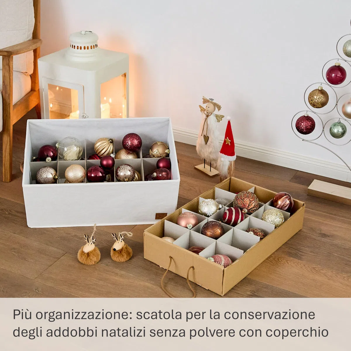 LOVE IT STORE IT - Scatola Portaoggetti Con Coperchio Per Palle di Natale - Con 30 Scomparti, Vassoio Estraibile - Lino-Cotone - Rinforzi In Legno - 58x36x25cm - Beige