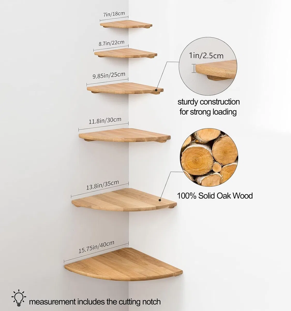 GIEANOO Mensola angolare galleggiante in rovere rustico, con estremità arrotondata, per altoparlanti, libri, decorazioni, mensola angolare in legno, rovere, 30 cm raggio