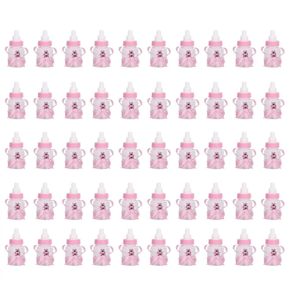 Hztyyier 50 Pezzi Biberon Scatola di Caramelle Regali per Feste in Plastica Bottiglie di Latte per Bomboniere Regali Baby Shower Decor(Rosa)