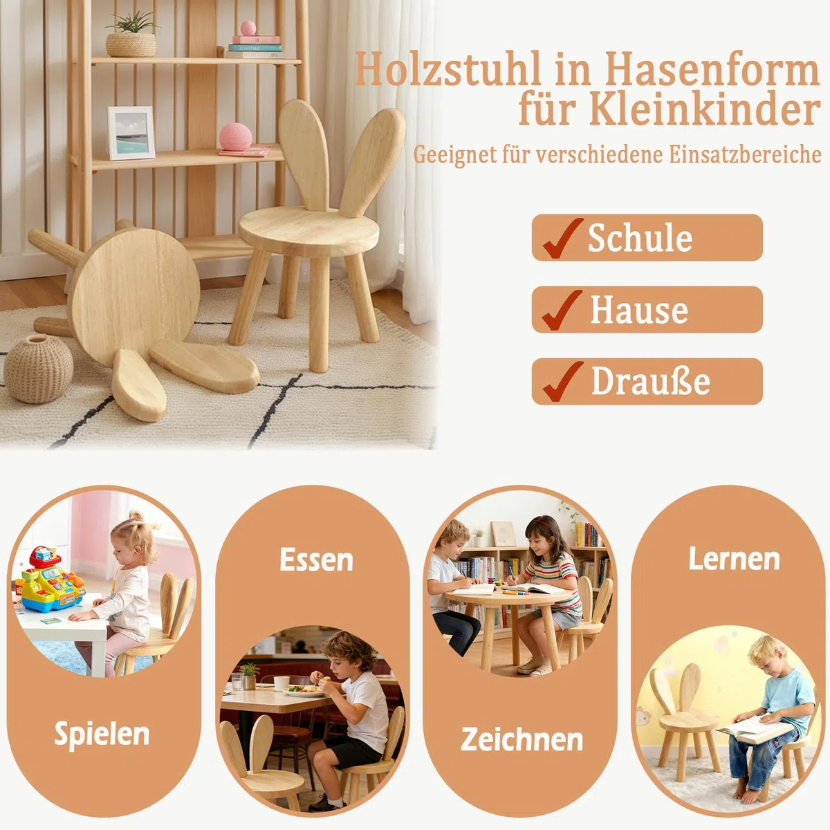 Sedia per bambini in legno, 45 x 26 cm, per cameretta dei bambini, stabile seggiolone con orecchie di coniglio, schienale per bambini, piccolo sgabello per mangiare, giocare e leggere