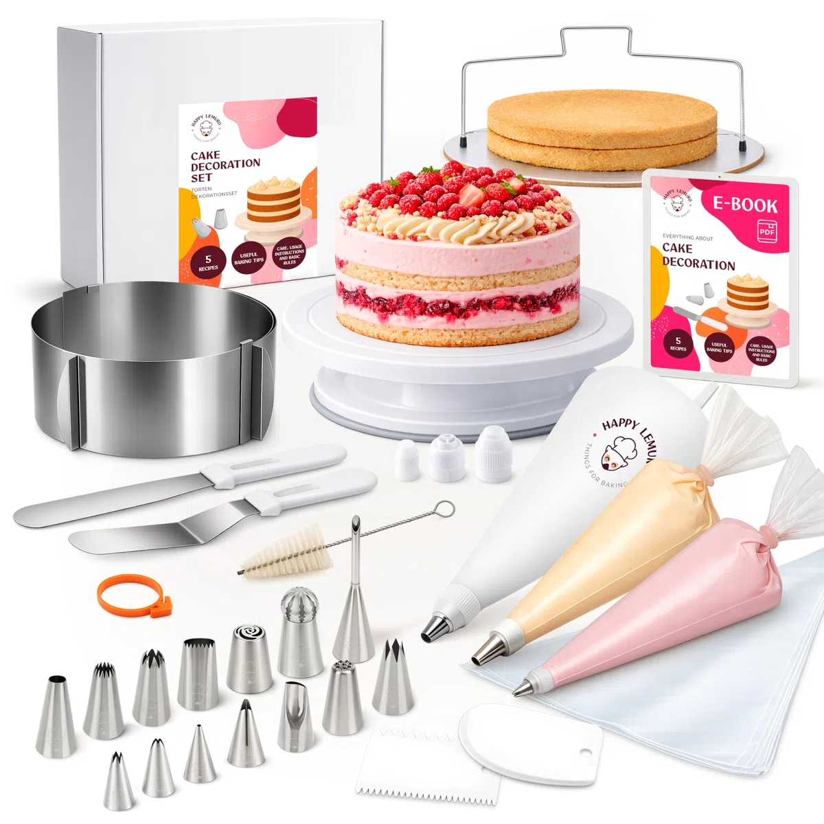 Kit Decorazione Torte con beccucci Inox e sac à Poche | con Anello Regolabile e Piatto Girevole - per Principianti ed esperti