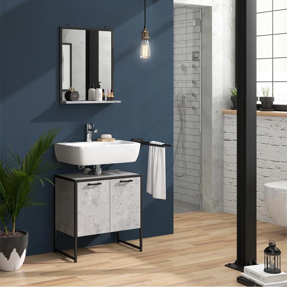Vicco Specchio bagno Fyrk, Calcestruzzo, 50 x 60 cm, con vano portaoggetti per la conservazione di accessori da bagno