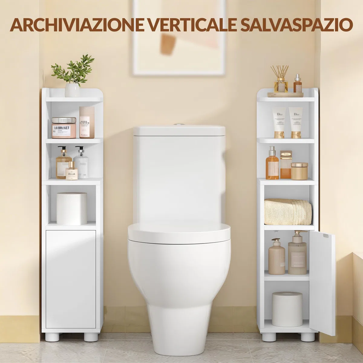 Mobile da Bagno, Mobiletto Bagno Salvaspazio, Design a Doppia Zona Aperta e Chiusa, Ripiani Regolabili, 20 x 20 x 90,5 cm, Bianco FFBC011PW1