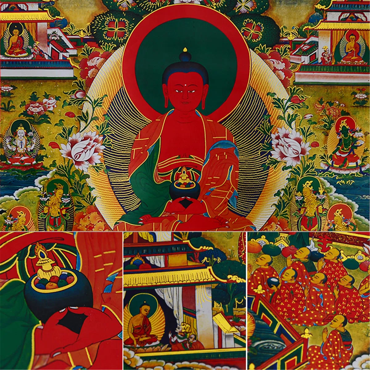 Gandhanra Thangka Tibetano - Amitabha Terra Pura Thangka - Elysium del Buddhismo - Arazzo di Buddha a Stampa Dorata per Decorazione Zen, Meditazione, Rilassamento Spirituale e Pace
