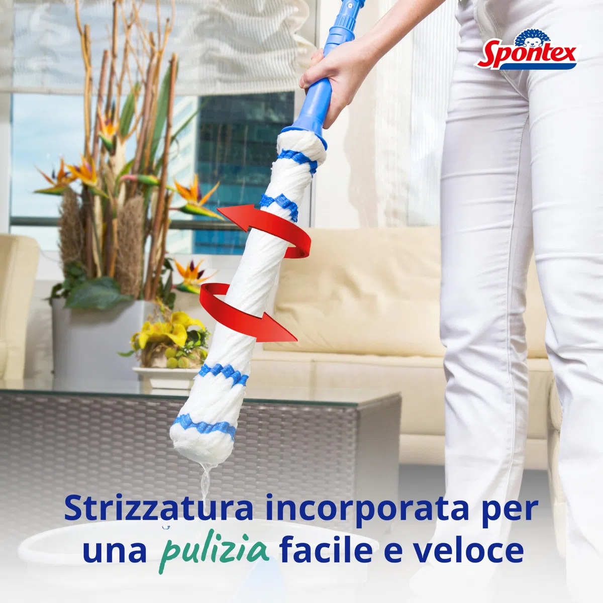 Spontex Twist Mop– Mop lavapavimenti in microfibra con sistema di strizzatura automatica integrato– Pad di pulizia non graffiante per macchie difficili – Pulisce pavimenti in laminato–Testina lavabile