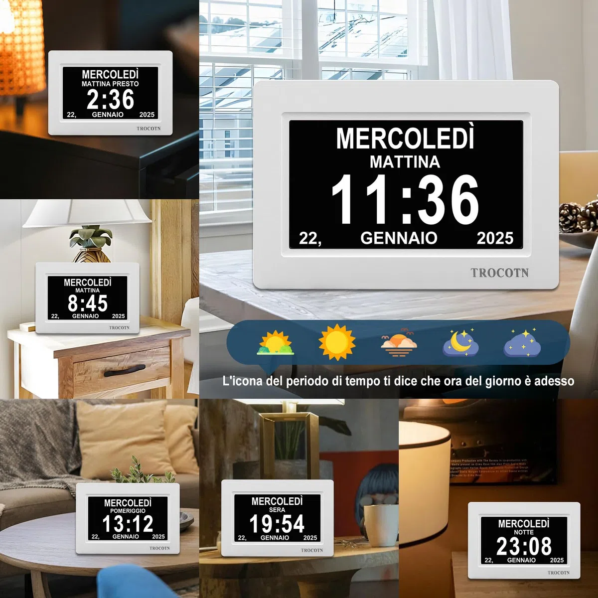 TROCOTN Orologio digitale da 7 Pollici Calendario Orologio da parete con ampio display Sveglia (Bianco)