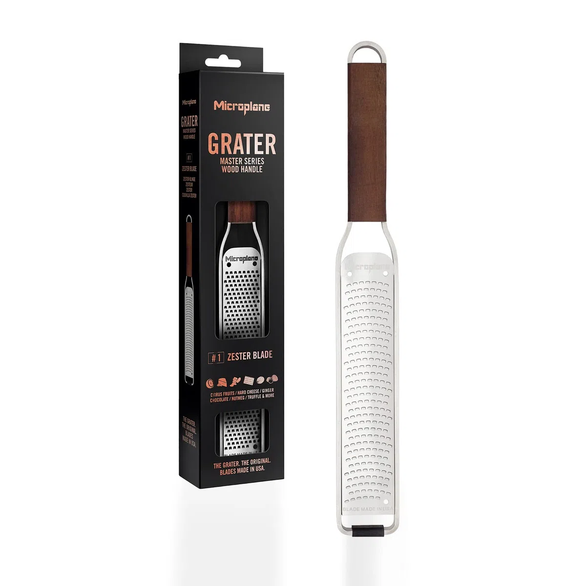 Microplane Grattugia Zester per Agrumi, Formaggio a Pasta Dura, Zenzero, Cioccolato e Noce Moscata con Manico in Legno di Noce e Lame in Acciaio Inossidabile – Made in USA