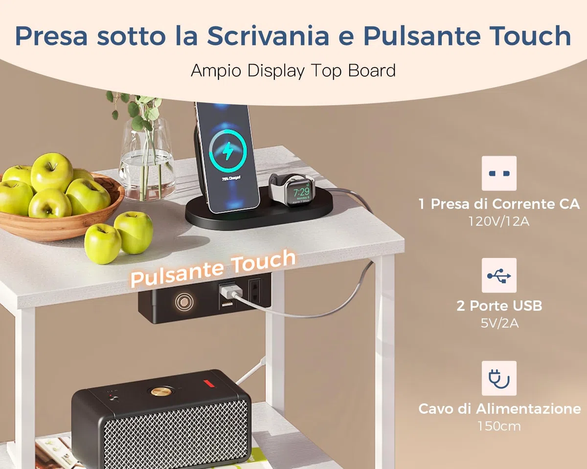 Coleshome Comodino Camera da Letto Bianco, con 2 Prese USB e 1 Presa di Corrente e Luci a LED, Comodini con 2 Cassetti in Tessuto e 1 Vano Portaoggetti, 40 * 30 * 60cm, Confezione da 1
