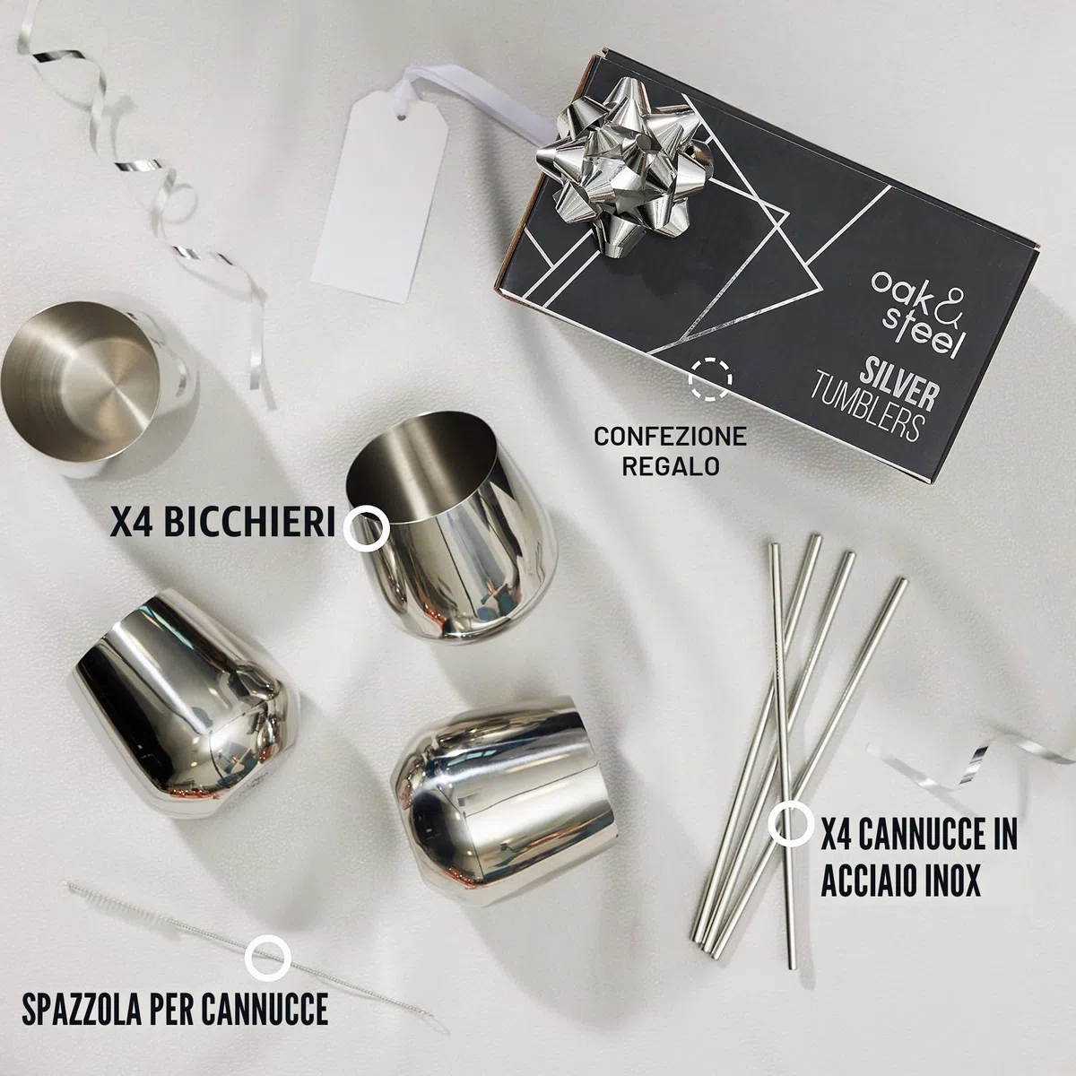 Oak & Steel - Set di 4 Bicchieri da Vino in Acciaio Inossidabile con Cannucce: Durevoli, Infrangibili e Ideali per Mantenere il Vino Freddo - Presentati in una Confezione Regalo dal Design Raffinato