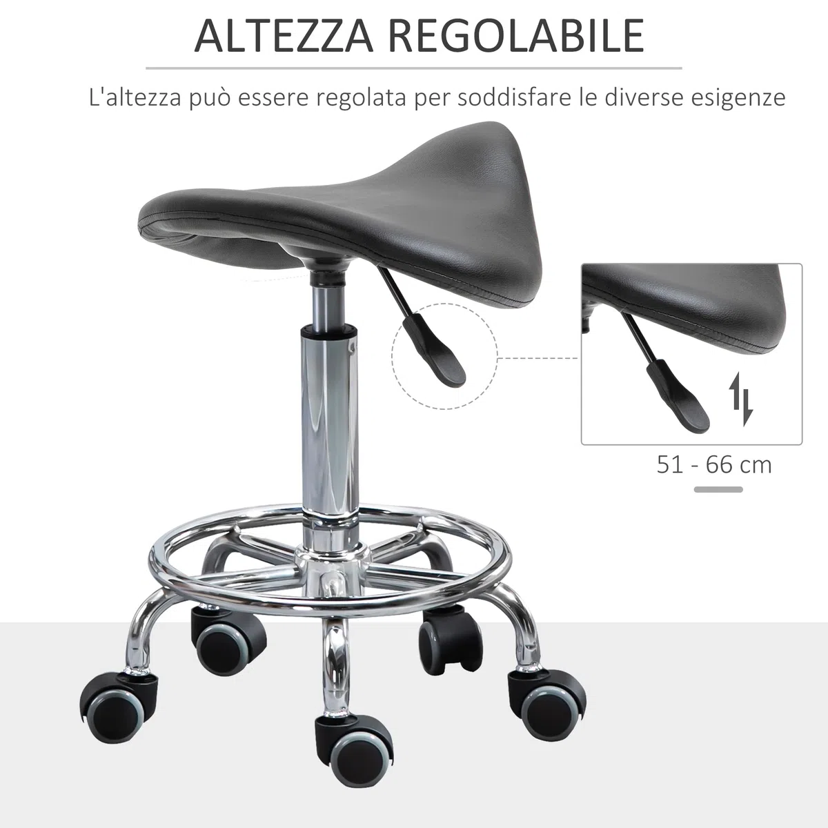 HOMCOM Sgabello con 5 Ruote, Sgabello Regolabile in Altezza, Seduta Ergonomica Imbottita in Gommapiuma, Design Moderno, Versatile, 36.5x37.5x51-66 cm, Nero