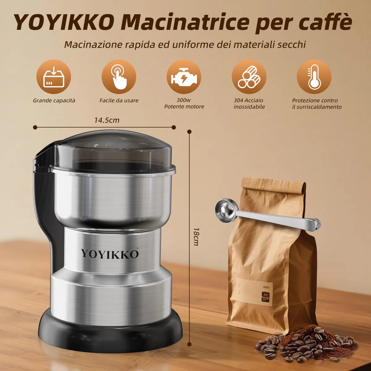 Macina Caffe' Elettrico 300W, Macinacaffè, Macinatura Regolabile Macina Caffe per Espresso/Gocciolamento/Versamento. Macinacaffè Per caffè, spezie e altri alimenti (Argento-210)