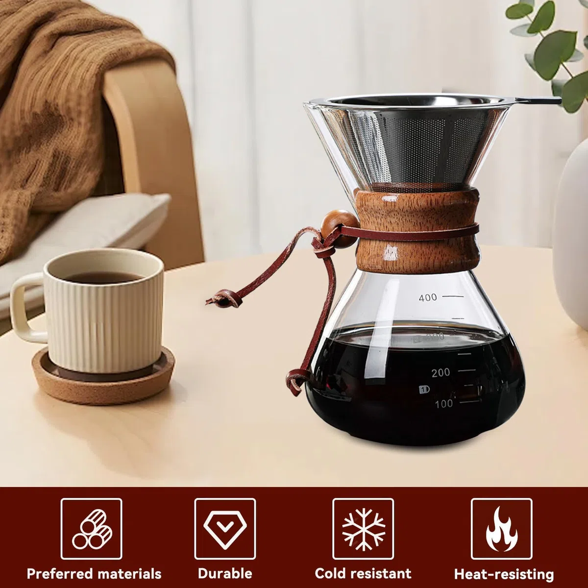 HERCHR Caffettiera Pour Over 400ml con Filtro in Acciaio Inossidabile 304 e Collare in Legno, Caraffa per caffè in vetro borosilicato con collare in legno per 1-2 tazze