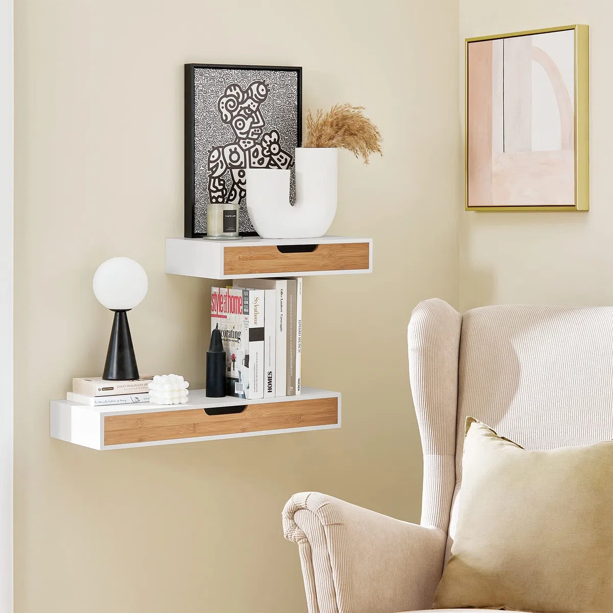 SoBuy Mensola a Parete con Cassetto - Mensola Galleggiante Moderna per Ingresso, Soggiorno & Camera - Bianco & Naturale 40x24x8cm FRG92-WN