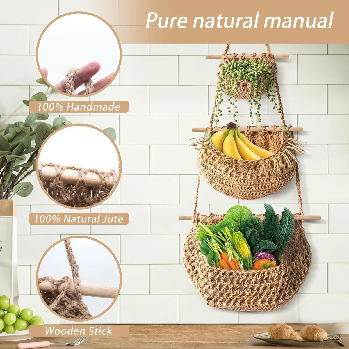 4 cestini da appendere alla parete, per frutta e verdura, in corda di iuta intrecciata, da appendere alla parete, organizer da appendere alla porta, con 8 ganci, per cucina, camera da letto, bagno