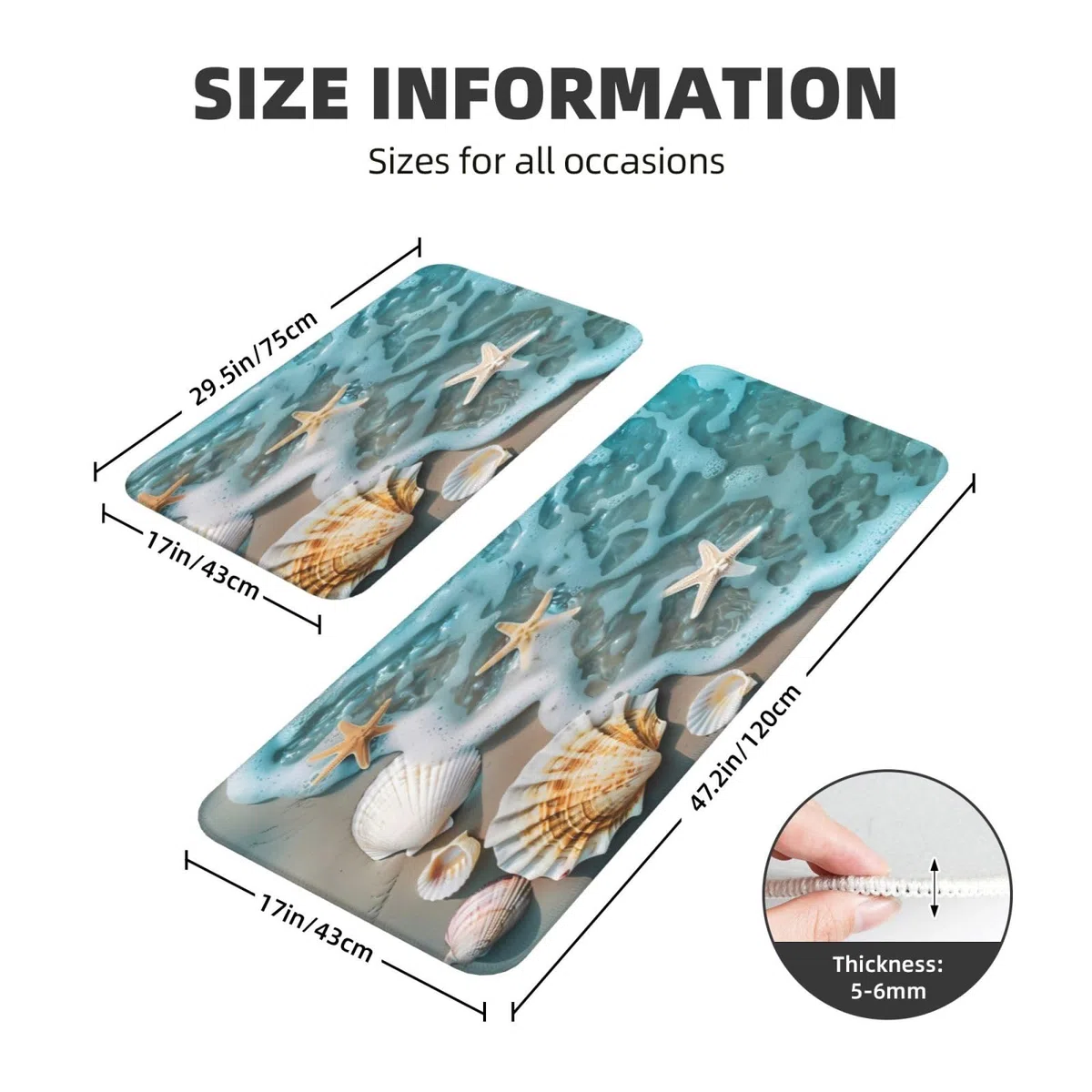 Set di 2 tappeti da cucina con stampa di stelle marine, conchiglie, spiaggia, antiscivolo, assorbenti, per camera da letto, bagno, ufficio