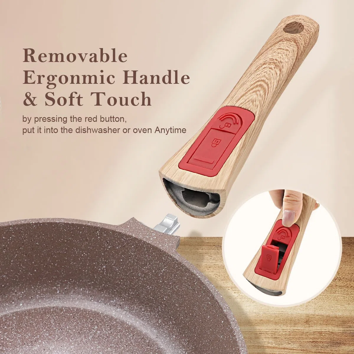 AIKENBBKK padella in ceramica, set di 3 padelle 26/28 cm con manico rimovibile, set di padelle con rivestimento in ceramica, resistente al forno, lavabile in lavastoviglie