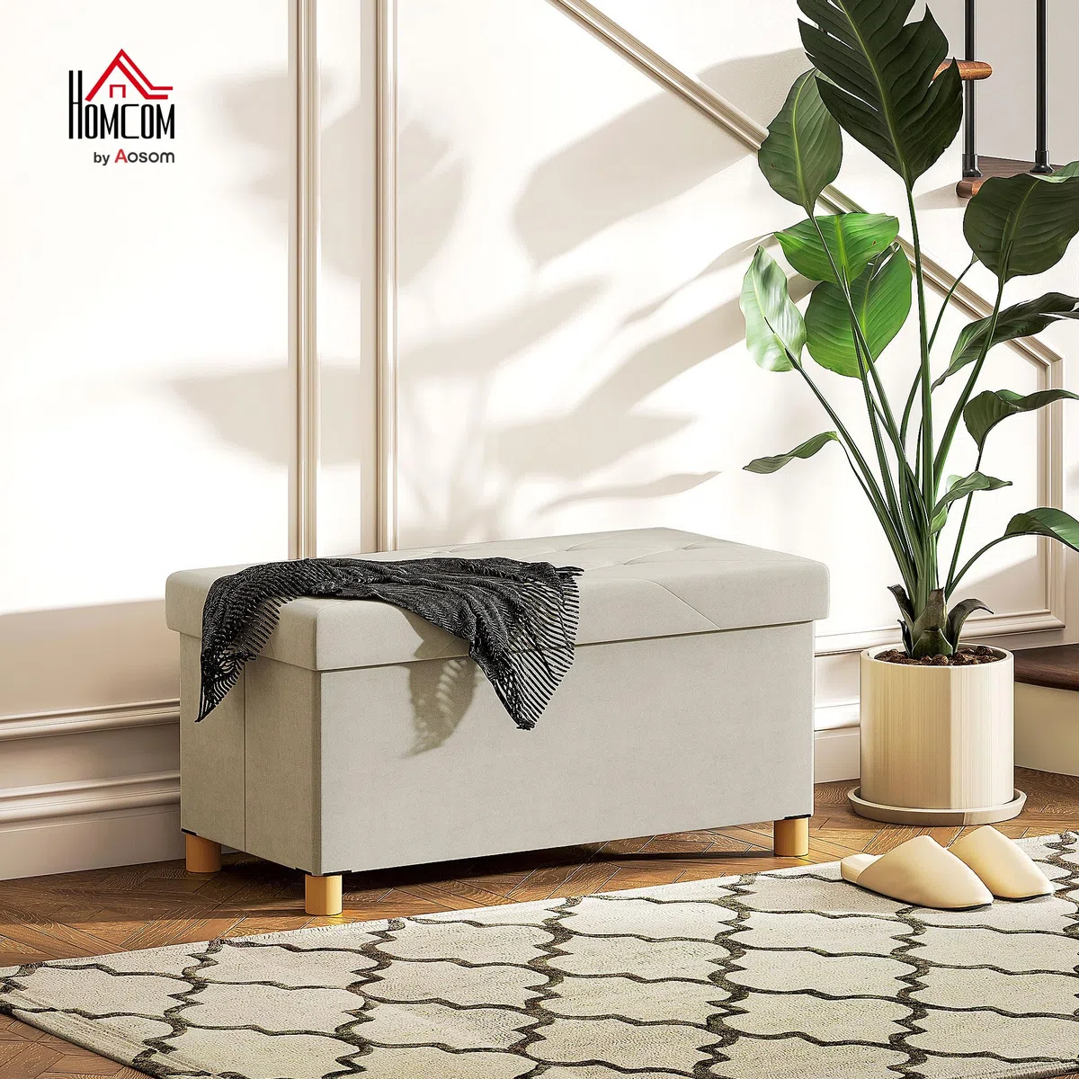 HOMCOM Panca Contenitore Pieghevole da 67L, Panca Fondoletto con Coperchio Imbottito e Rivestimento Vellutato, per Soggiorno, Camera da Letto e Ingresso, 76x38x38cm, Bianco Crema