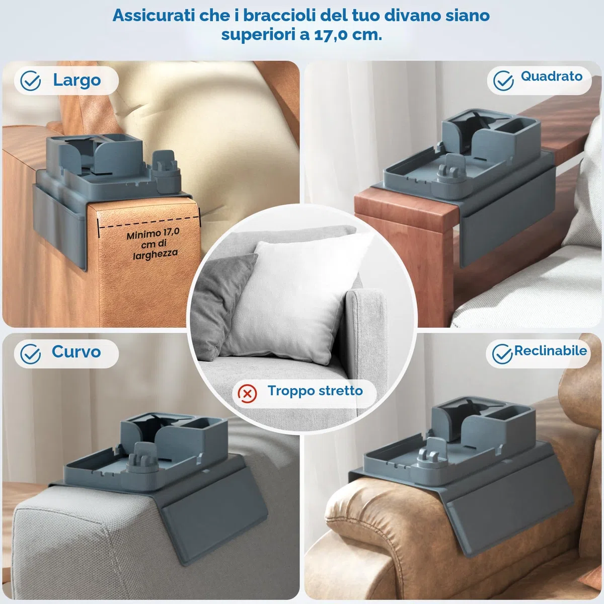 CLESOO Porta Tazze da Divano, Vassoio Portaoggetti Con Doppie Tasche Laterali, Porta Telecomando in Silicone Antiribaltamento, Organizzatore per Tazza Telefono Tablet Snack
