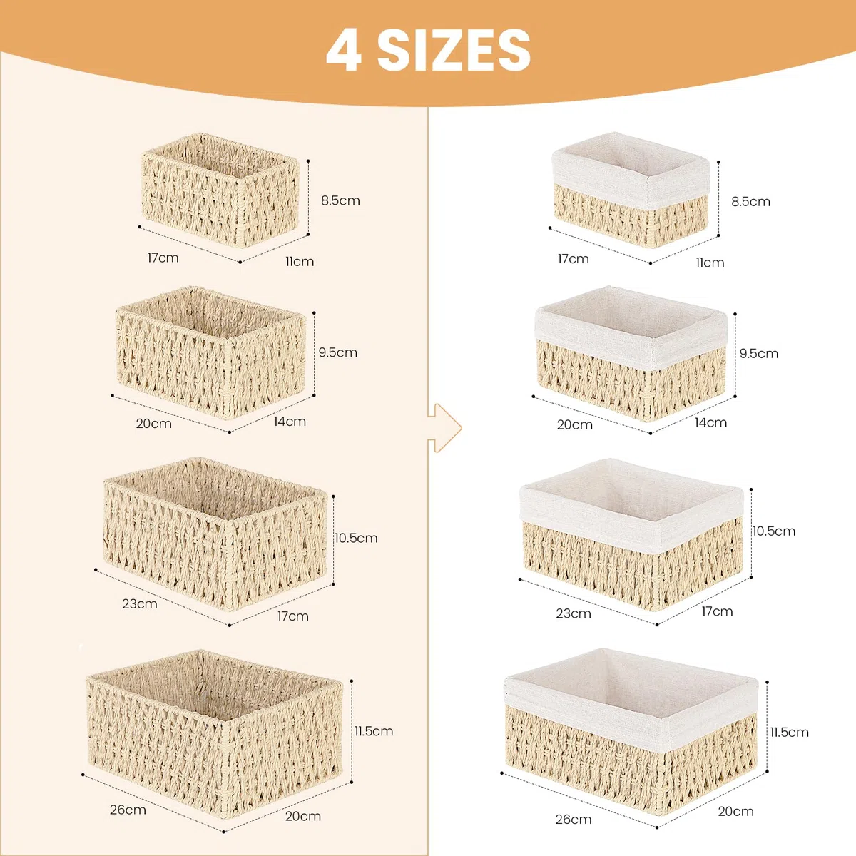 Set di 4 Cestini Portaoggetti in Corda di Carta, Cesto Vimini Intrecciato a Mano per Bagno, Camera dei Bambini, Cucina e Soggiorno - Ideale per Giocattoli, Cosmetici e Organizzazione(Beige)