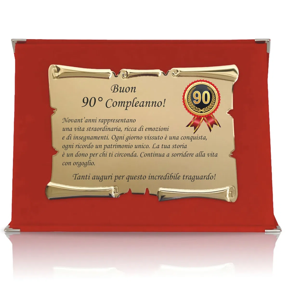 Targa Compleanno con Pergamena – Targa Celebrativa in Cofanetto Velluto – Idea Regalo Elegante per Compleanno e Ricorrenze – Targa Ricordo (Rosso, 90 Anni)