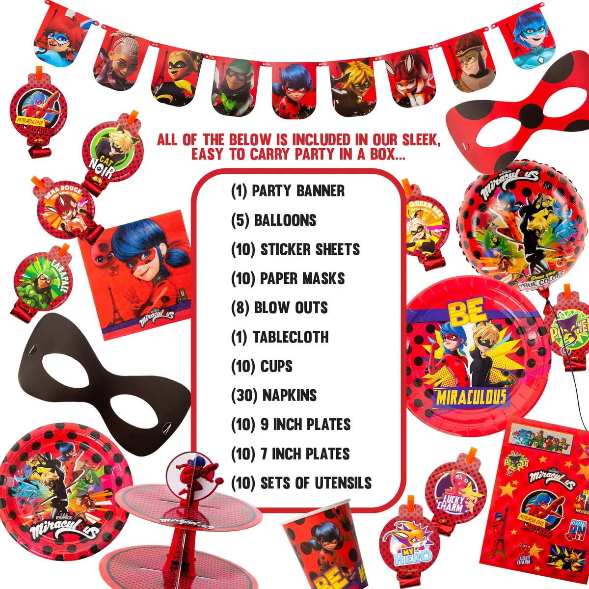 Kit per Festa di Compleanno Miraculous Ladybug in una Scatola - Celebrazione, Festa di Compleanno, Bambini Piccoli - Oltre 100 Pezzi - Gatto Nero - Articoli per Feste - Kit Completo Ufficialmente