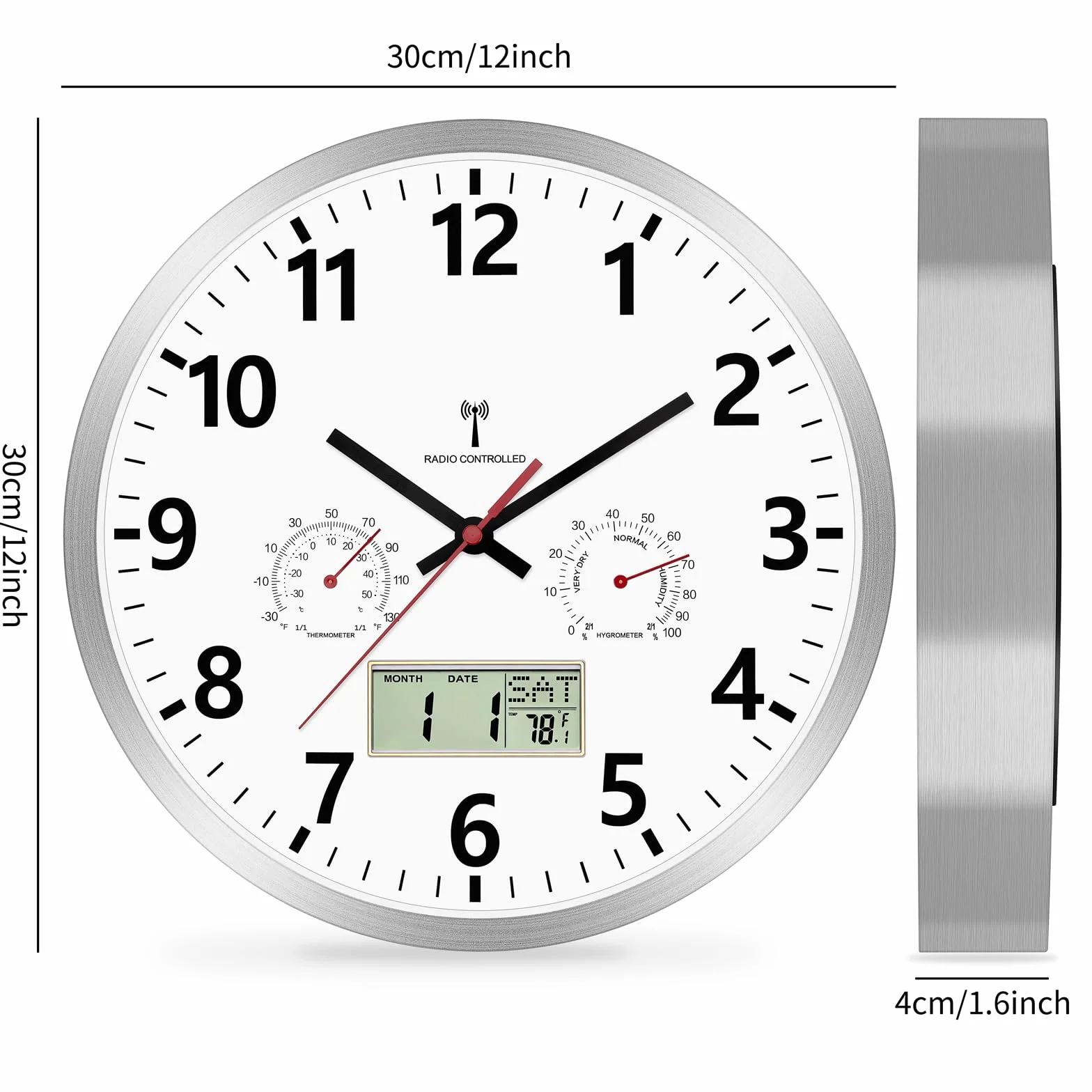 Foxtop Orologio da Parete Radiocontrollato Digitale/Analogico 30 cm con Igrometro, Termometro e Display LCD Multilingue, Silenzioso per Interni