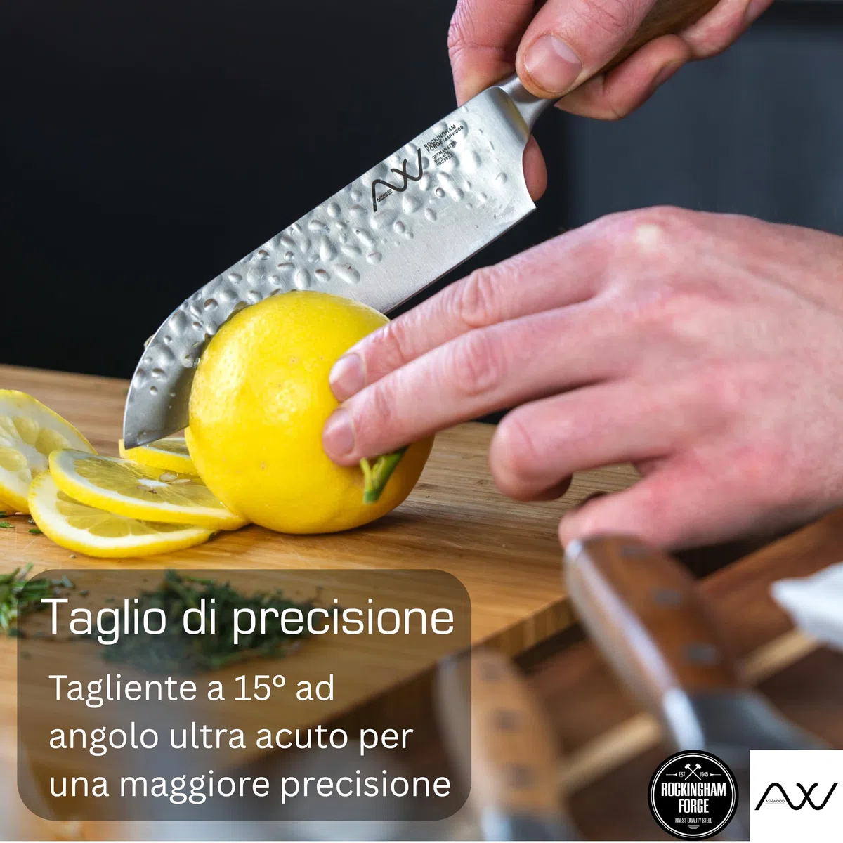 Rockingham Forge Ashwood Coltello da Cucina Santoku Giapponese 17,5 cm - Lama Acciaio Inossidabile Tedesco Ultra Affilato - Martellata Antiaderente Professionale - Manico Legno Codolo Intero