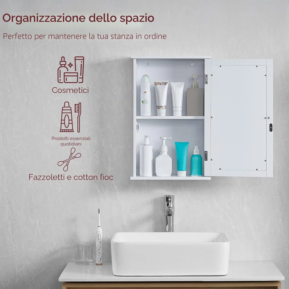 Bath Vida, Milano, Mobiletto da Bagno, Anta Singola con Specchio, da Parete, Bianco
