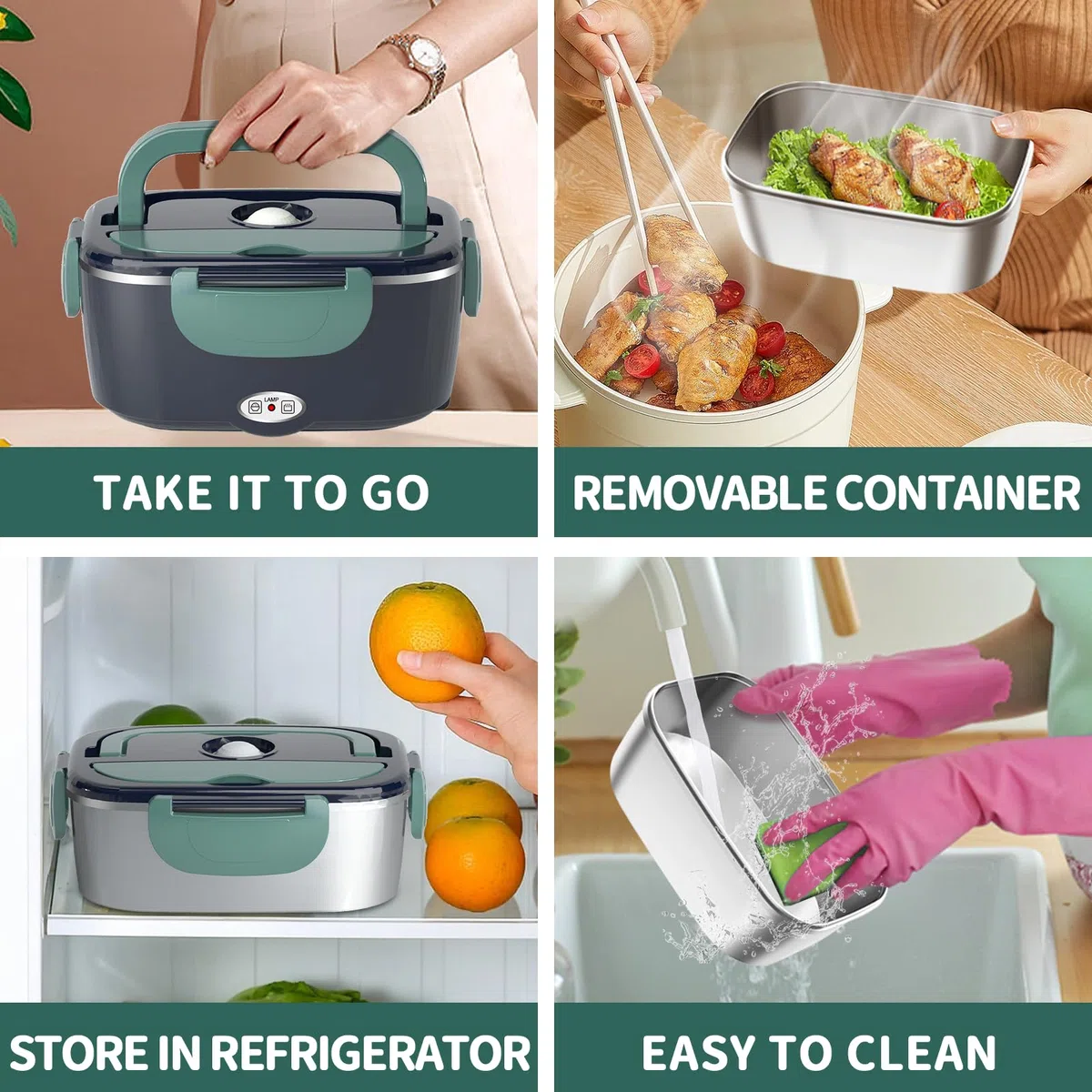 Contenitore per il pranzo elettrico 100 W, 3 in 1, contenitore per il pranzo riscaldato portatile, in acciaio inox, 12 V/24 V/220 V, contenitore termico isolato per auto, camion (NavyGreen, 1,5 L)