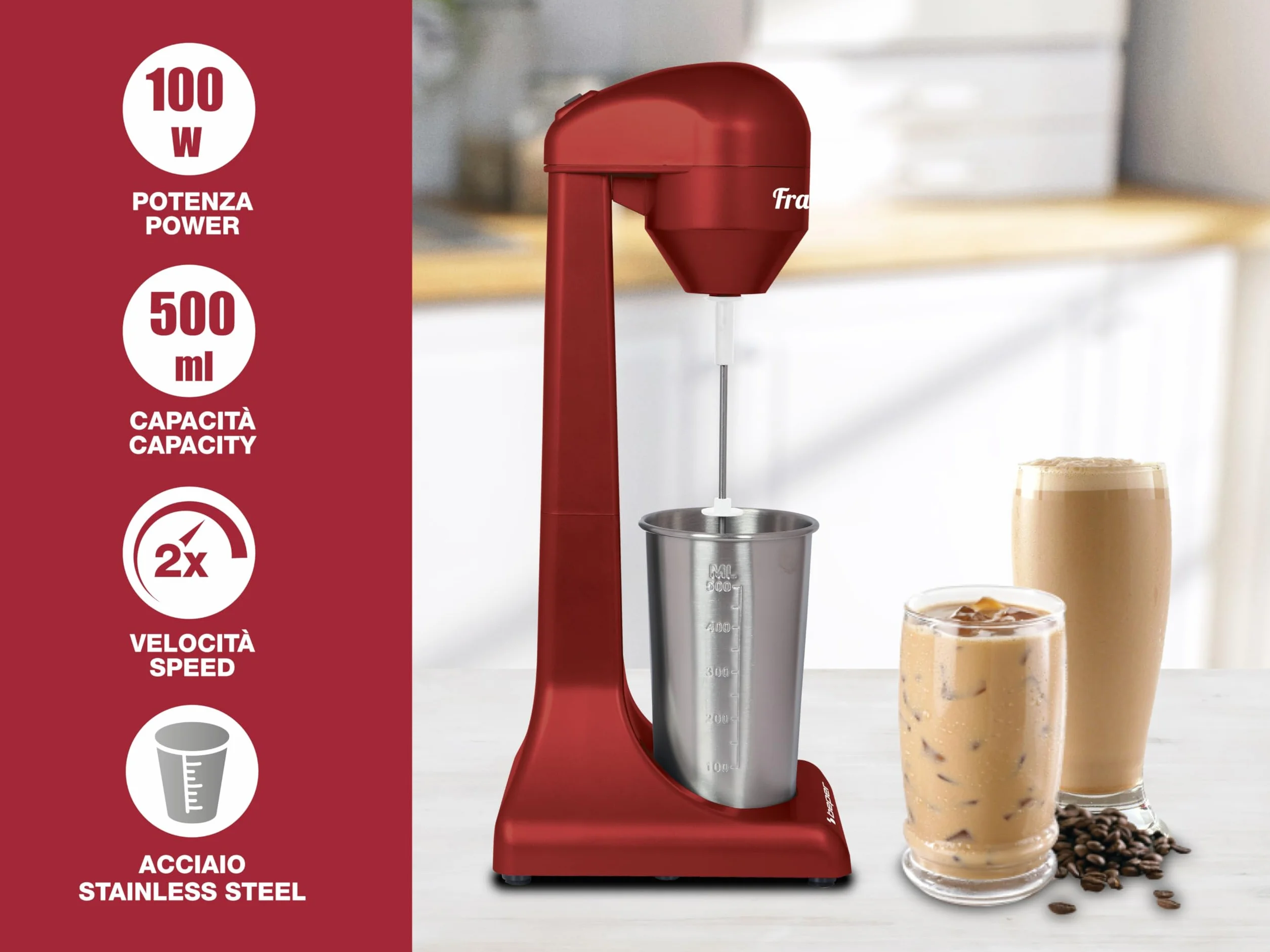 Beper Bp.690 Frullino per Frappè Caffè Freddo Milkshake e Cocktails, 2 Velocità, Contenitore in Alluminio 0.5 L, 100 W Argento