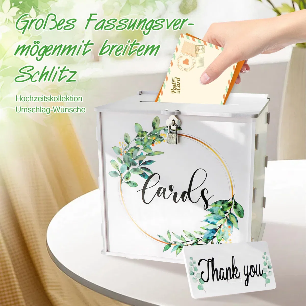 Scatola per biglietti di nozze con lucchetto, in PVC bianco, per ricevimento di nozze, eucalipto, fai da te, per feste, lauree, baby shower, compleanno
